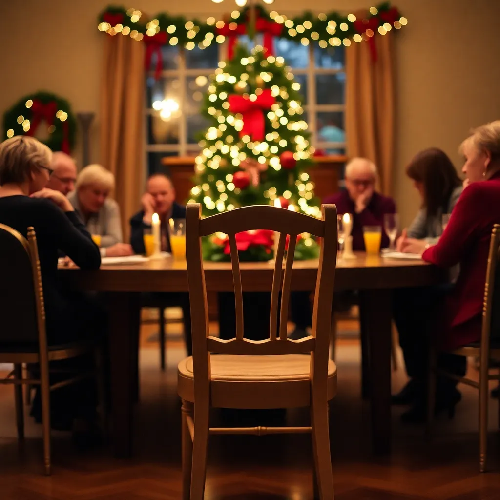 Holiday gathering with empty chair, symbolizing absence and loss.