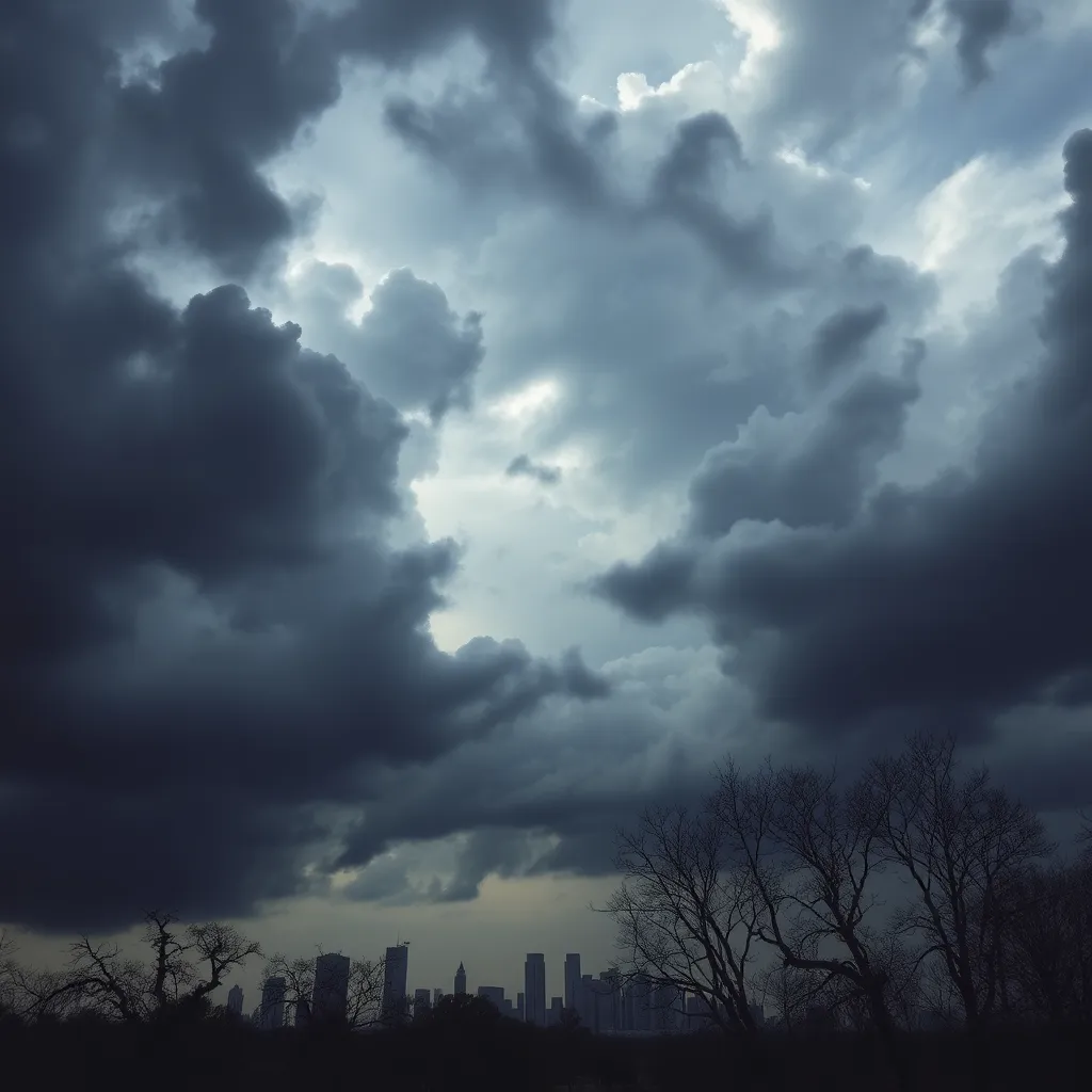 Stormy clouds over darkened city skyline with fallen trees.