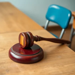 A broken gavel on a school desk.