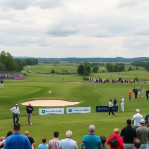 Golf tournament scene with spectators and players