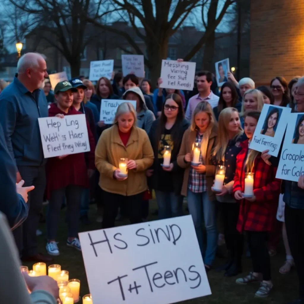 Community members holding candles during a vigil for missing teens.