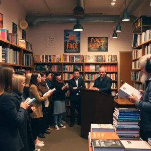 A lively book launch event at a bookstore