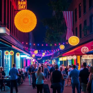 Vibrant music scene in downtown Greenville with crowds and lights