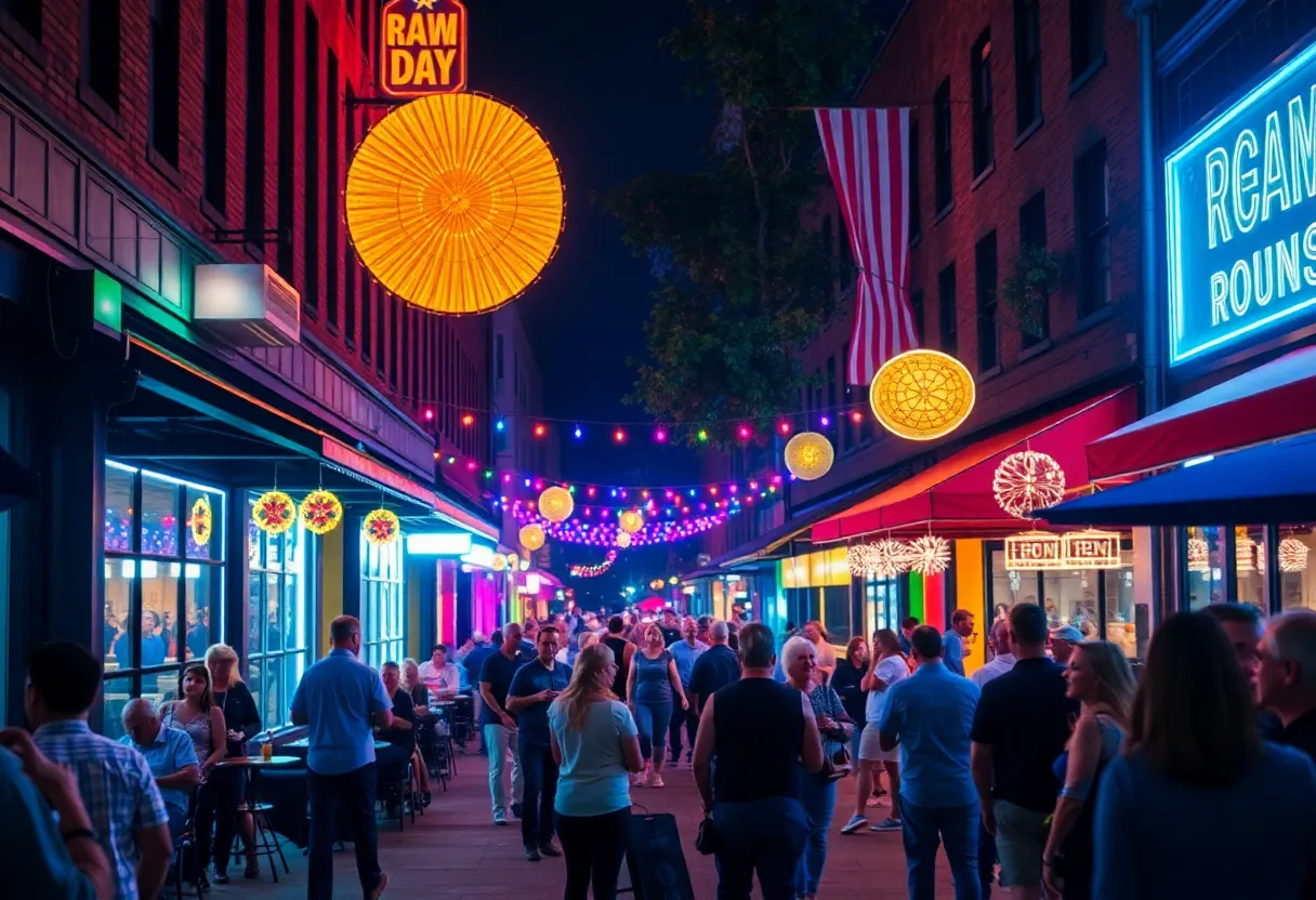 Vibrant music scene in downtown Greenville with crowds and lights