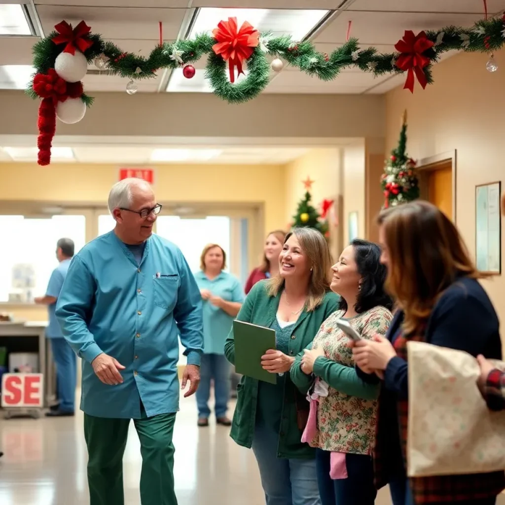 A warm holiday scene at a hospital showcasing joyful interactions and decorations.