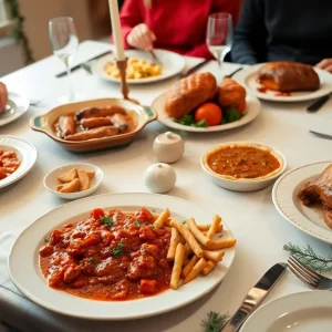 A festive table filled with traditional holiday dishes in a warm setting