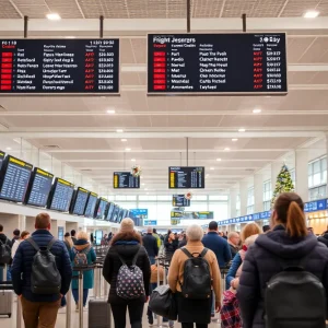 Travelers in a busy airport terminal during the holidays