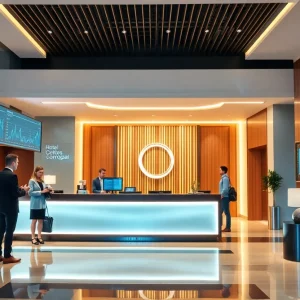 A modern hotel reception featuring technology to improve guest experience.