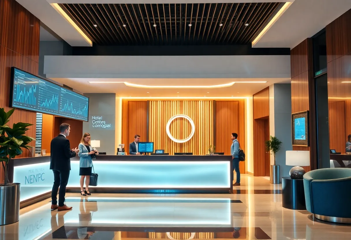 A modern hotel reception featuring technology to improve guest experience.