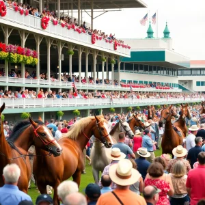 Exciting scene at the Kentucky Derby with crowds and horses