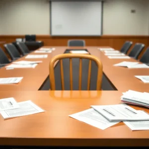 Empty chair at conference table during a school board meeting