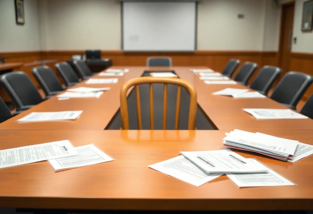 Empty chair at conference table during a school board meeting