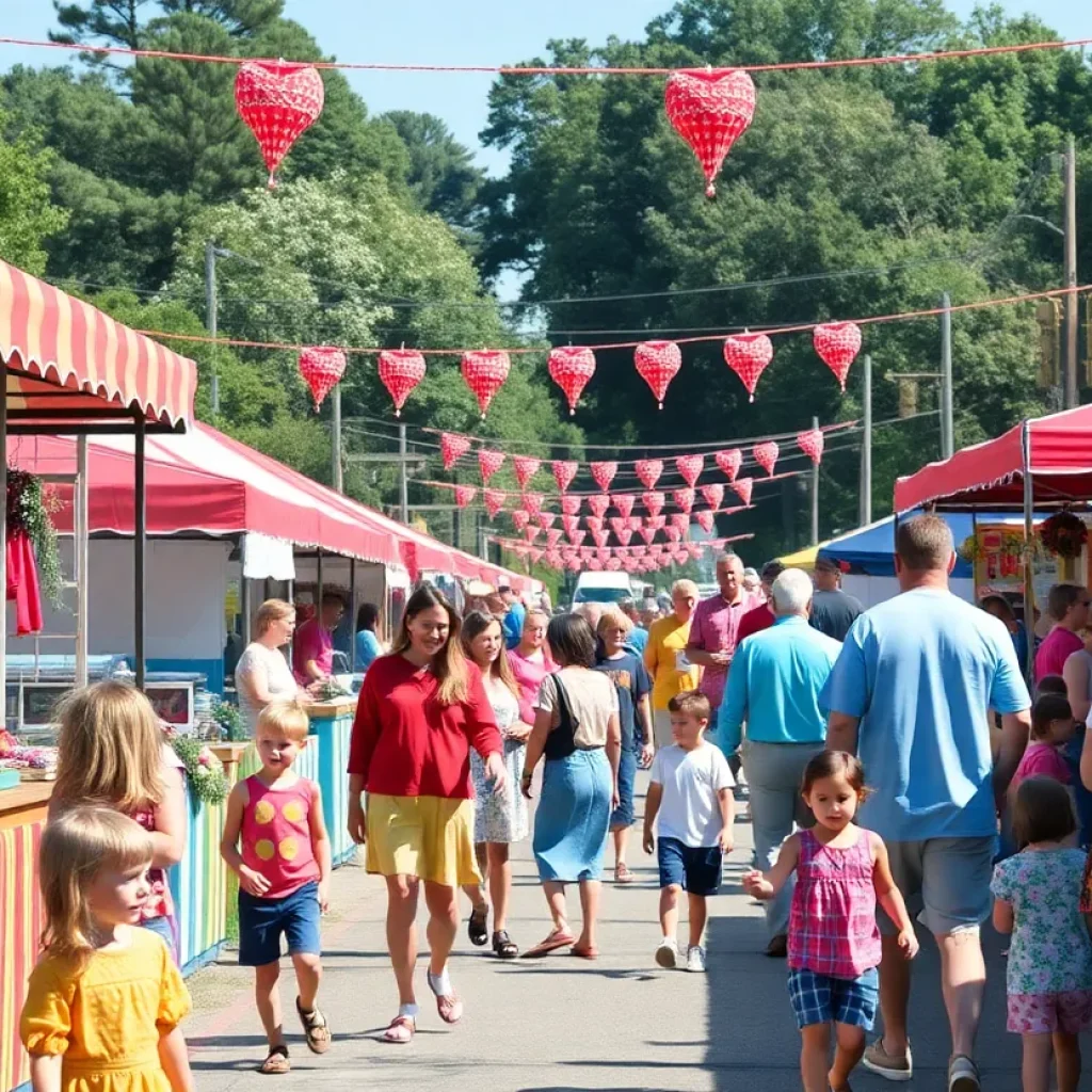 Families enjoying the Upstate South Carolina festival with colorful stalls.