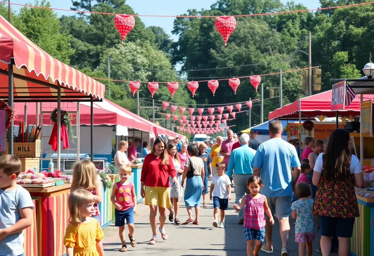 Families enjoying the Upstate South Carolina festival with colorful stalls.