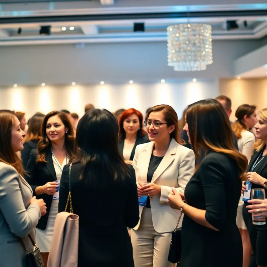 Event celebrating women in business with diverse participants in professional attire.