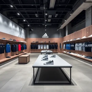 Exterior view of the Adidas Employee Store designed like a sports stadium.