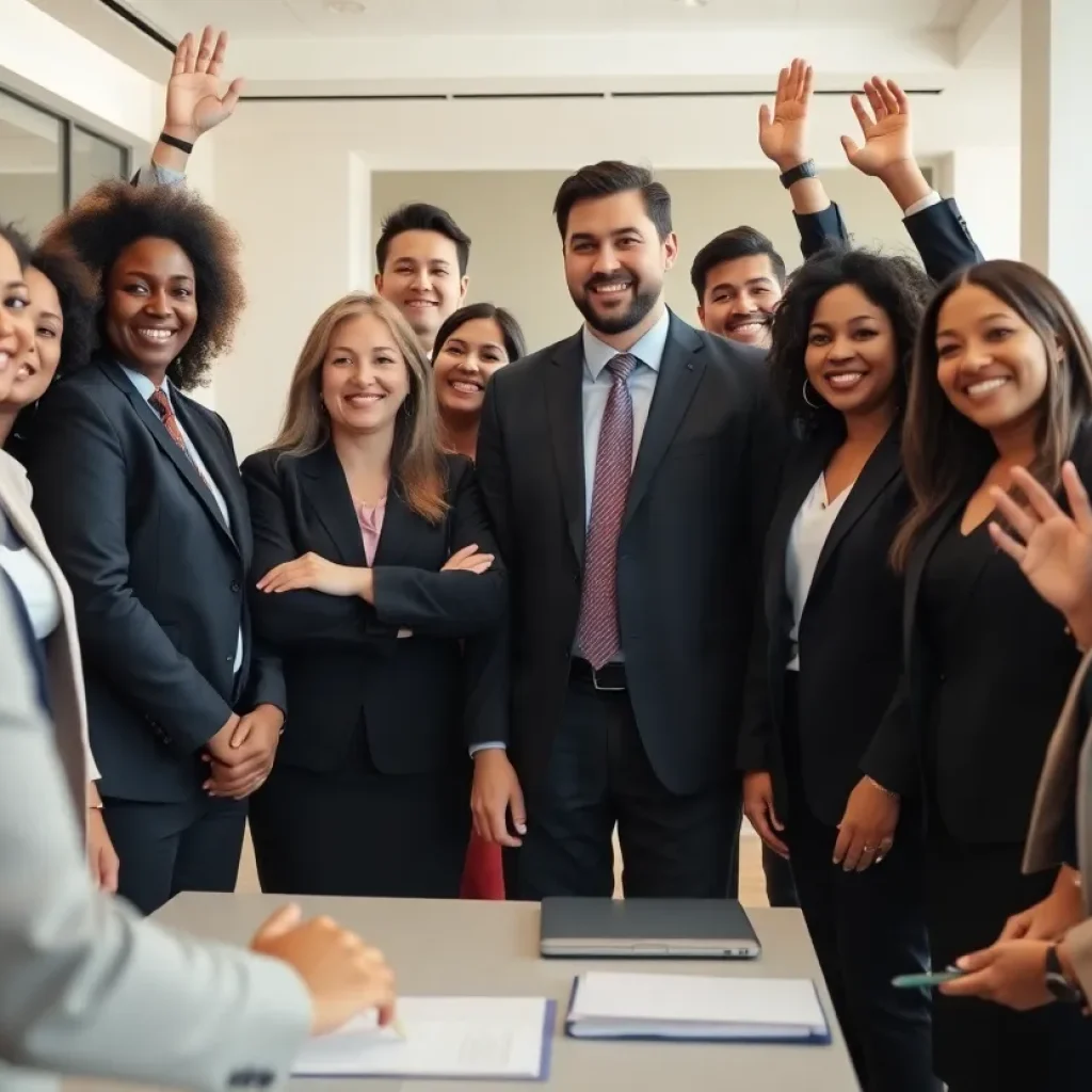 A group of attorneys celebrating their promotion in a law firm.