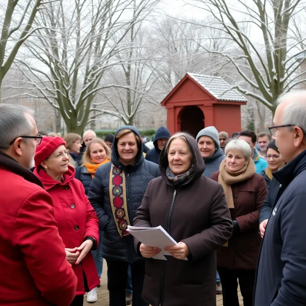 Residents gathered at Chapman Grove to discuss preservation efforts on a snowy day.