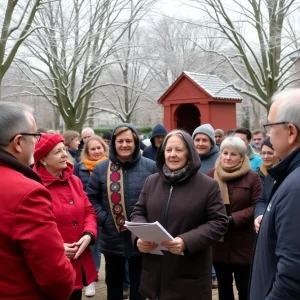 Residents gathered at Chapman Grove to discuss preservation efforts on a snowy day.