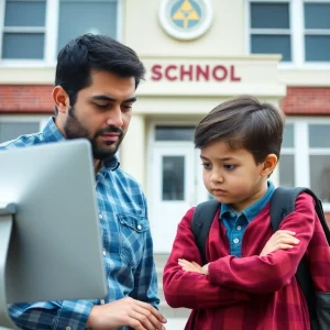 Parents and child discussing cybersecurity concerns outside a school