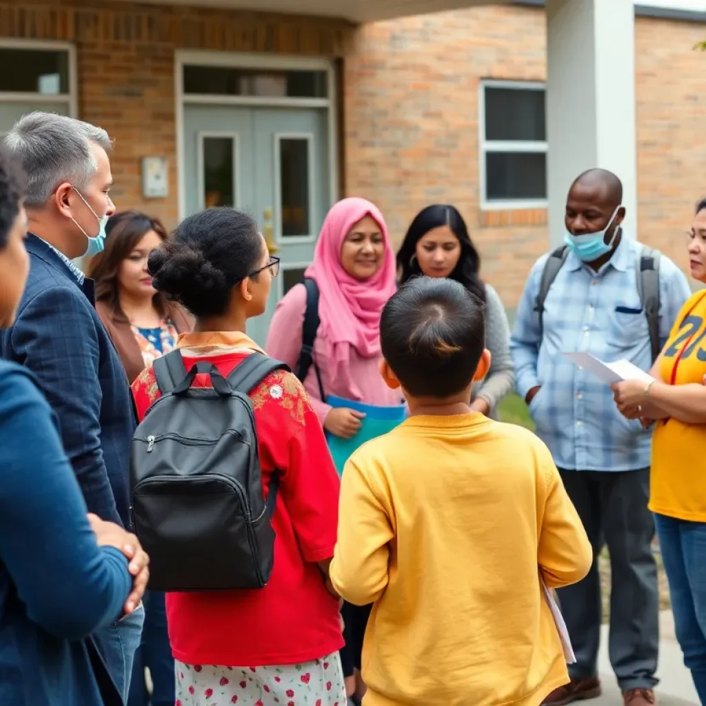 Parents and school staff discussing safety concerns outside a school