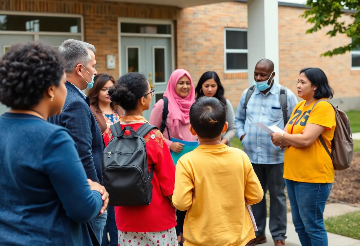 Parents and school staff discussing safety concerns outside a school