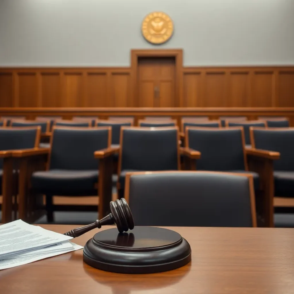 A courtroom with empty jury seats and a gavel on the bench, representing a postponed trial.