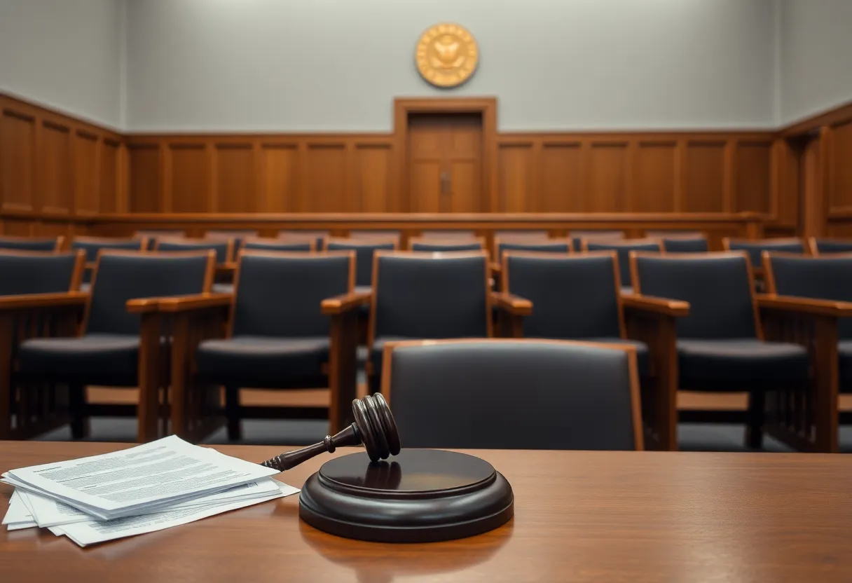 A courtroom with empty jury seats and a gavel on the bench, representing a postponed trial.