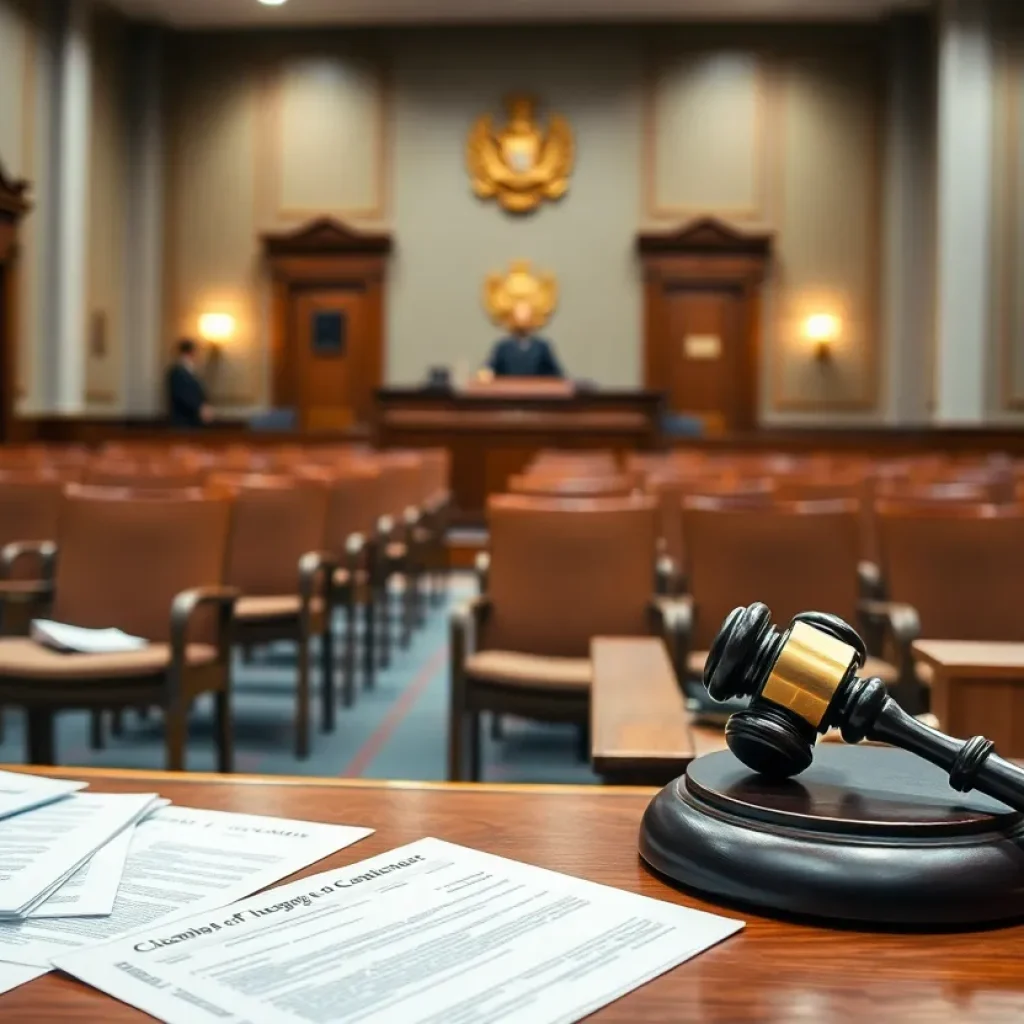 Empty courtroom with legal documents and a gavel