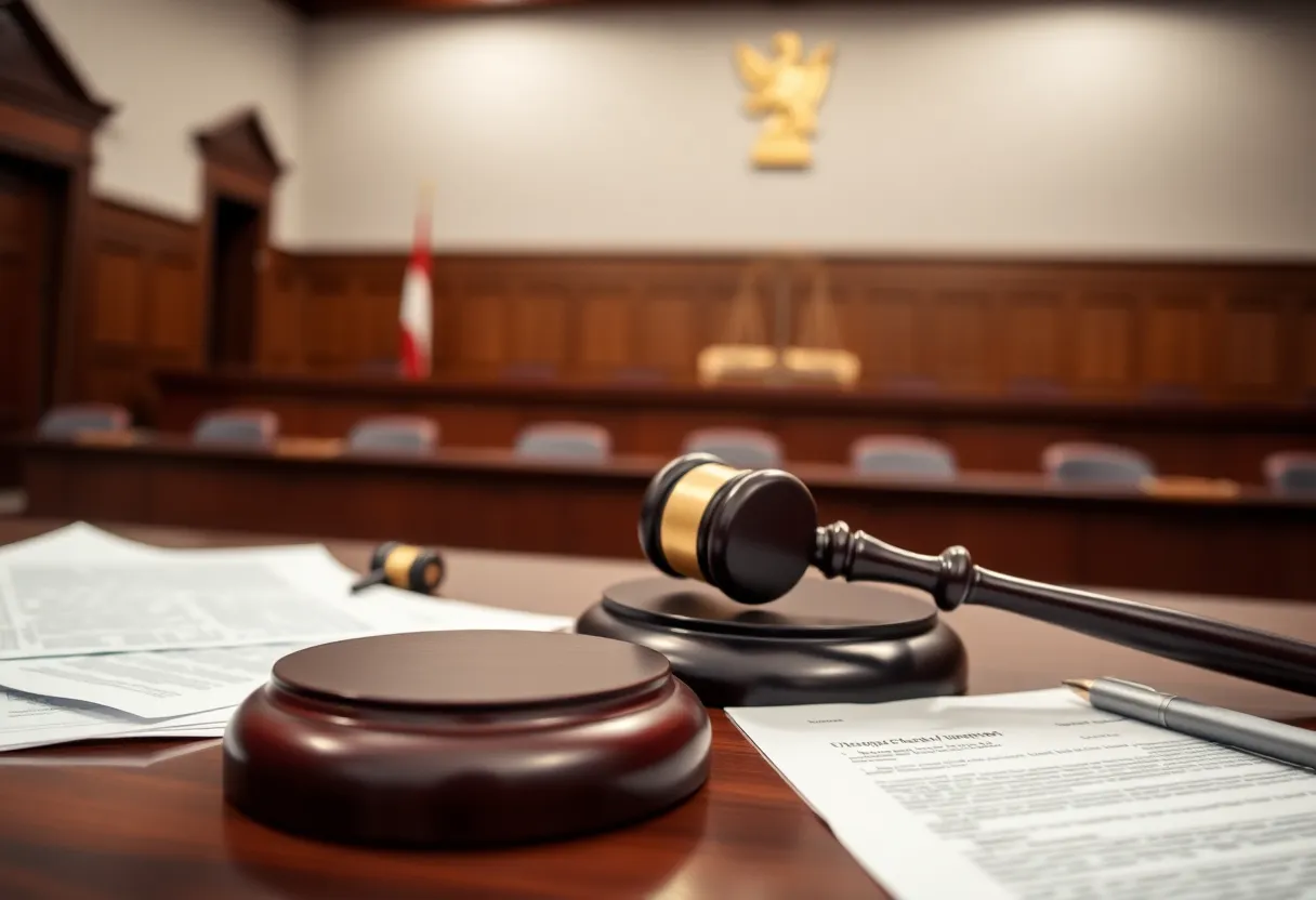 A gavel and legal documents in a courtroom