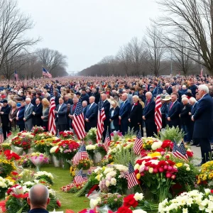 Large crowd at a memorial for Jimmy Carter holding flags and flowers