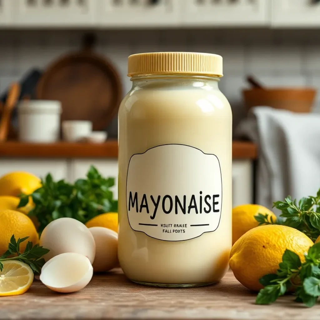 A jar of Duke's Mayo with fresh ingredients in a southern kitchen setting.