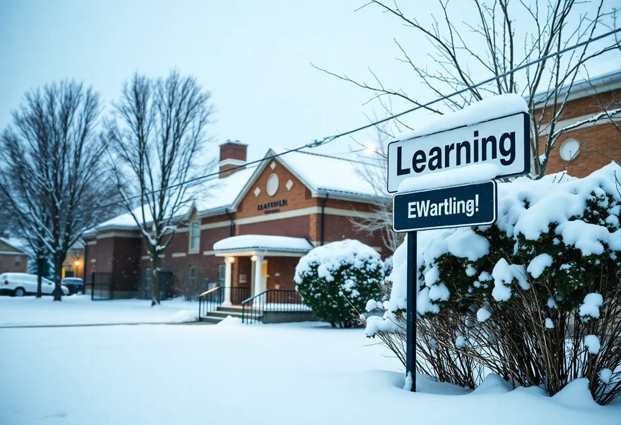 Snow-covered school promoting e-learning during winter weather