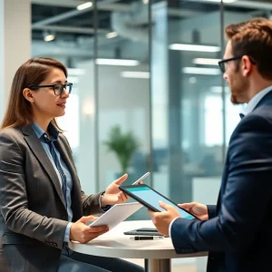 A financial advisor demonstrating a marketing platform to a client.