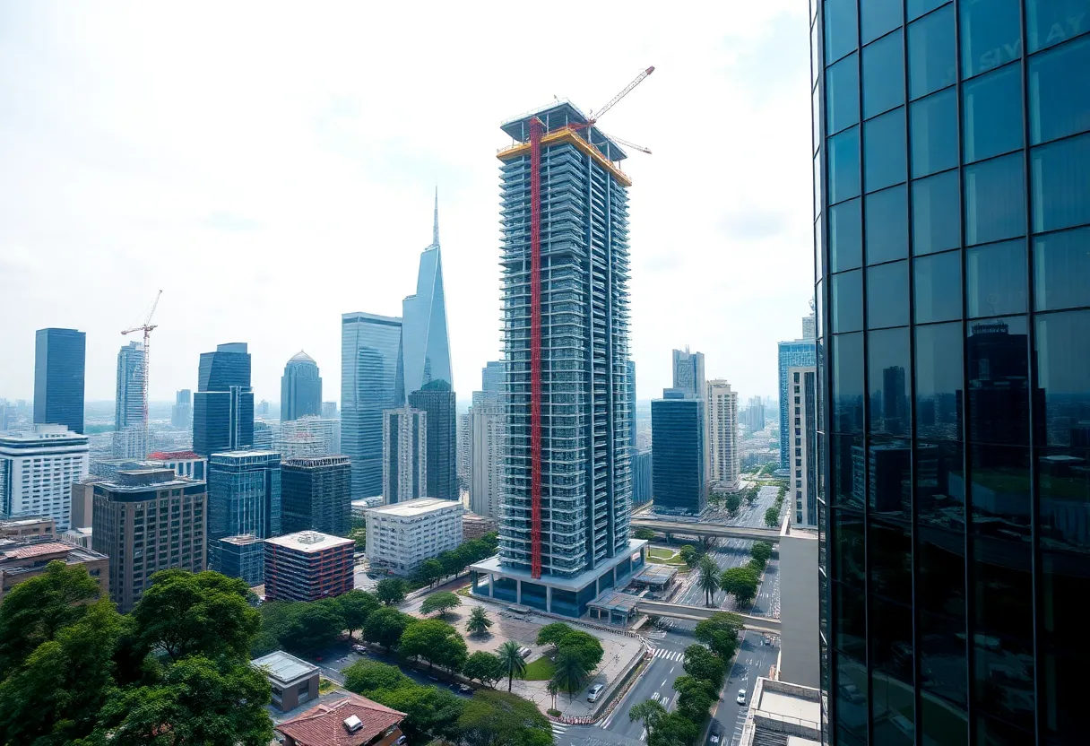 Rendering of the new Gateway Project in Greenville with a tall building and green community spaces