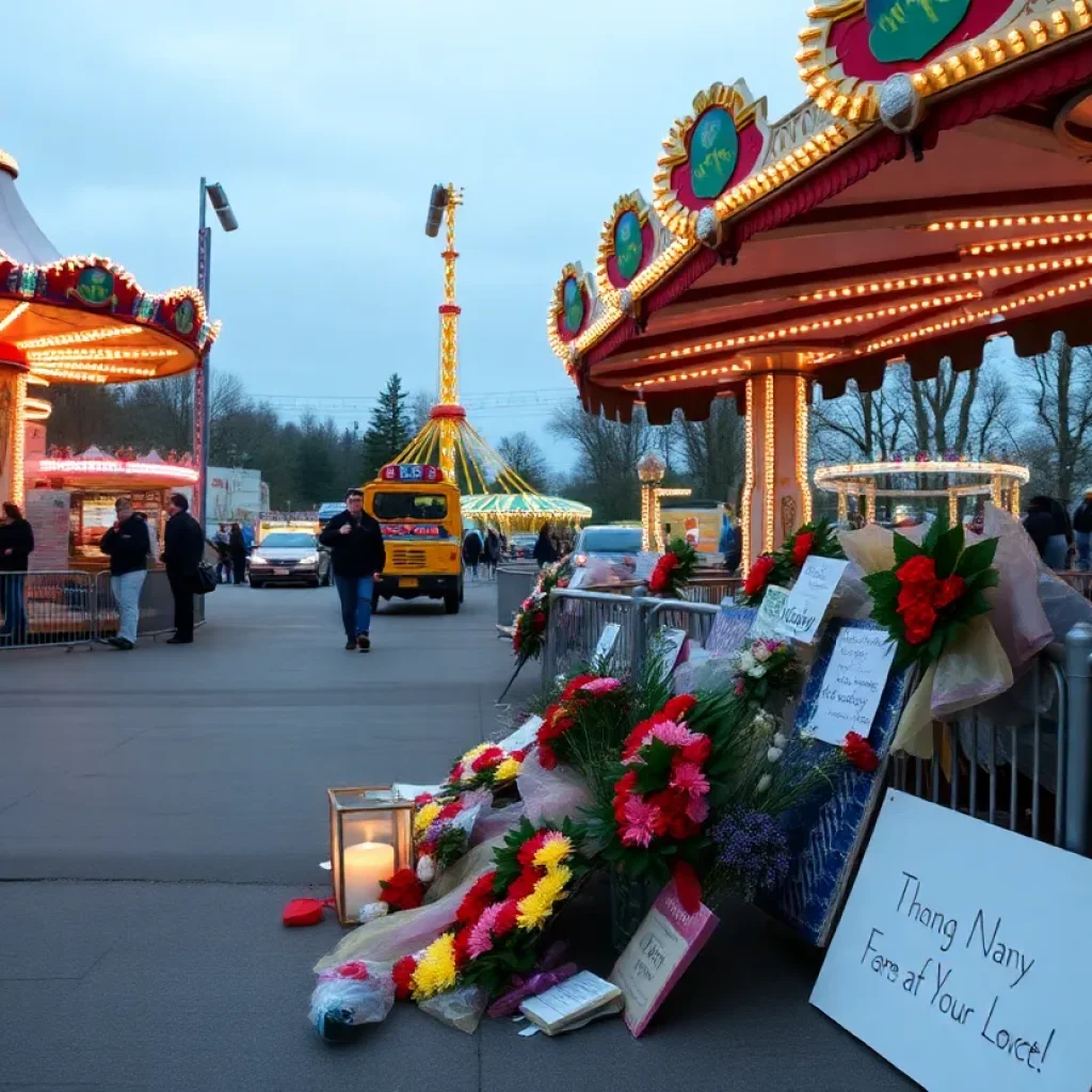 A memorial setup at Frankie’s Fun Park with flowers and candles.