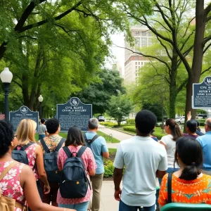 Participants in a bus tour exploring Black history in Greenville's Unity Park.