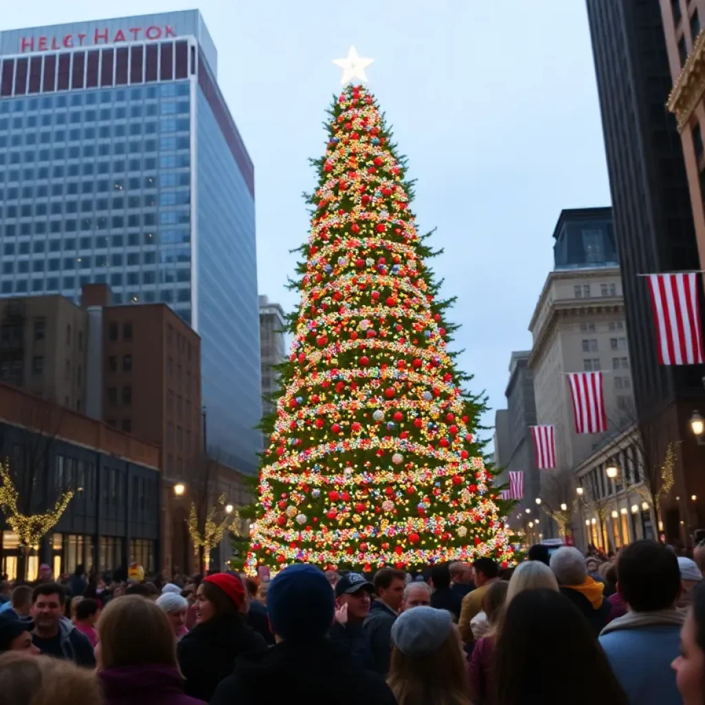 Downtown Greenville Christmas tree lighting ceremony with a large decorated tree surrounded by festive lights and cheerful attendees.