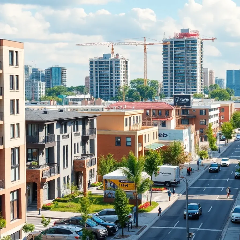 Illustration of Greenville city's development showing affordable housing and downtown activities.