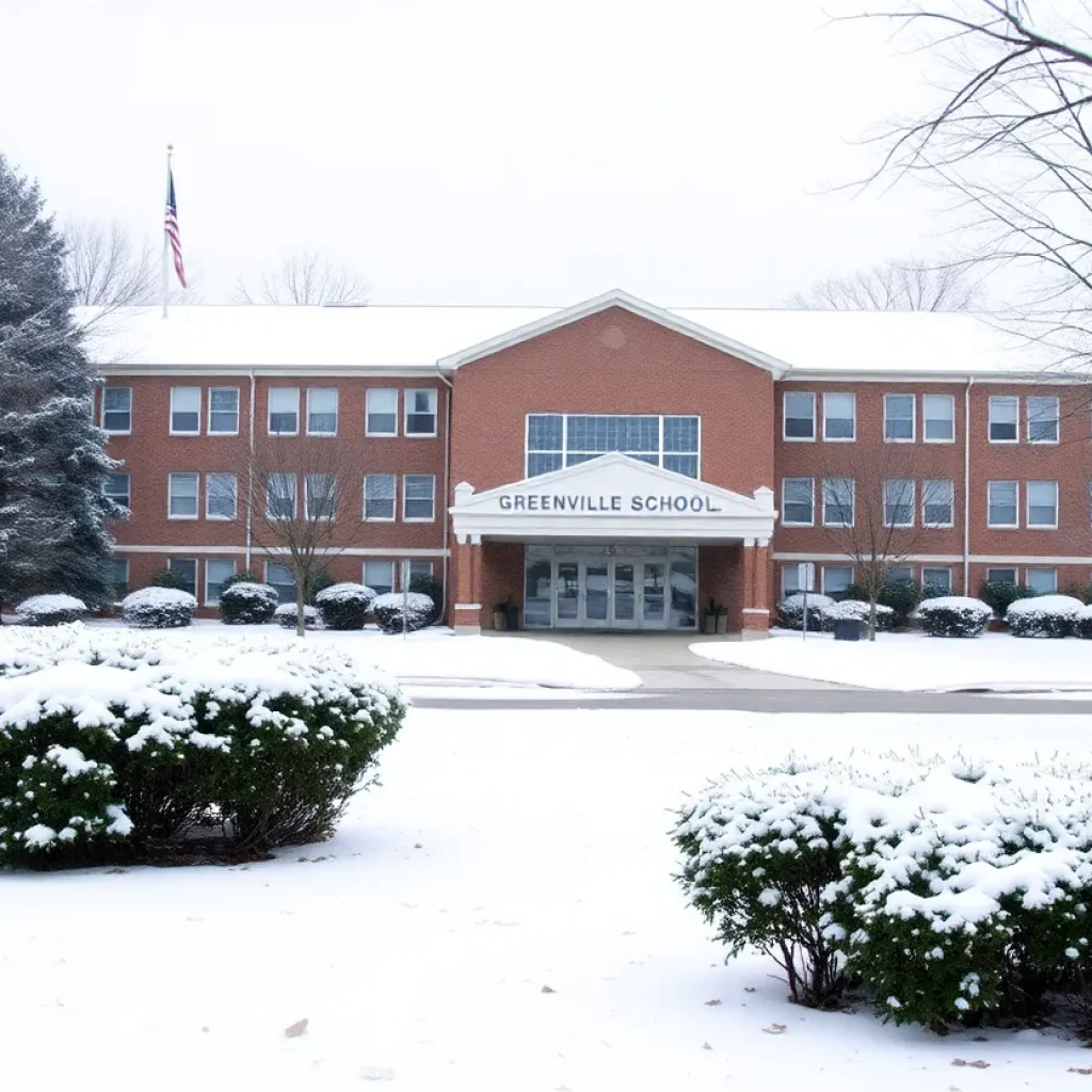 Greenville County school building covered in snow