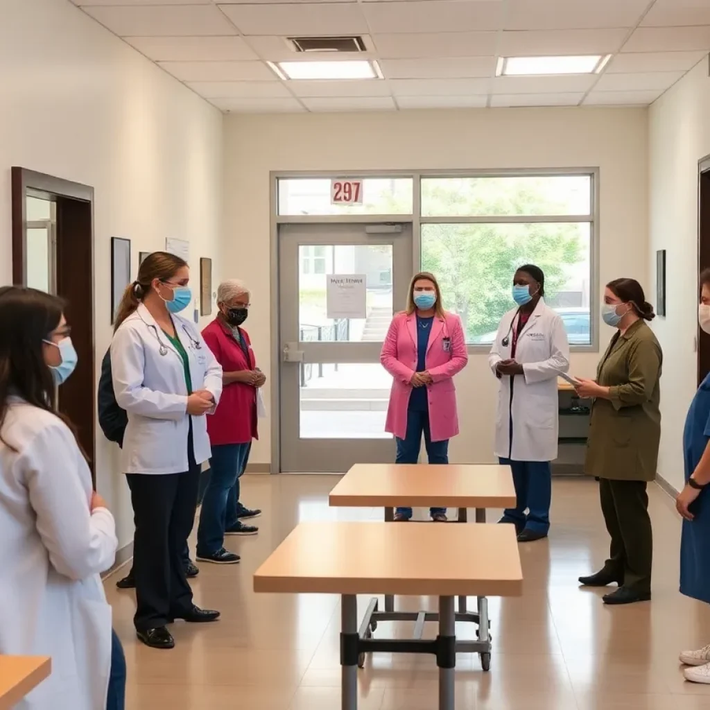 Volunteers providing free health care services at a community clinic.