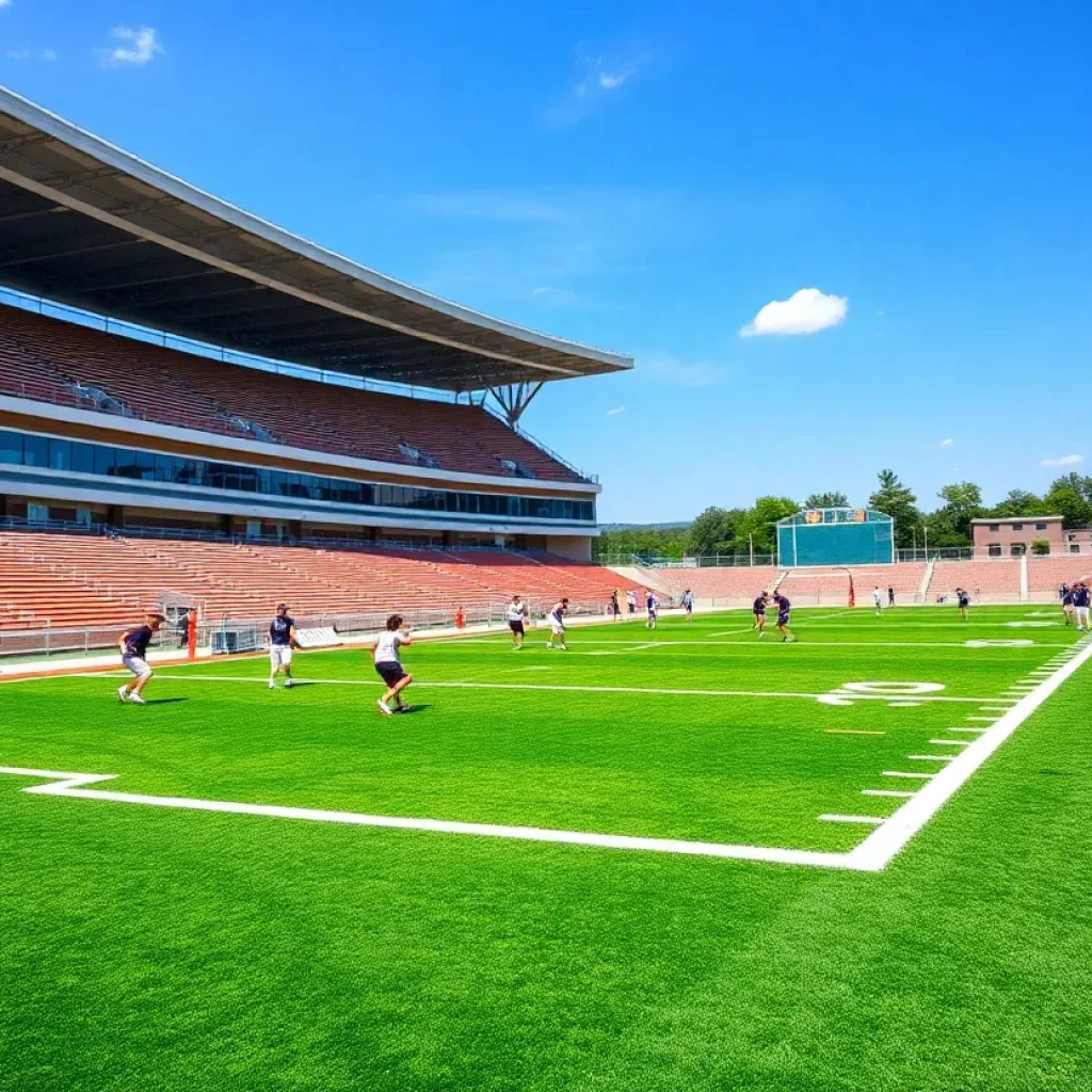 High school football stadium with new artificial turf