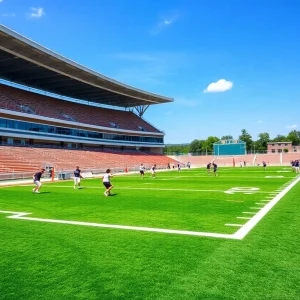 High school football stadium with new artificial turf