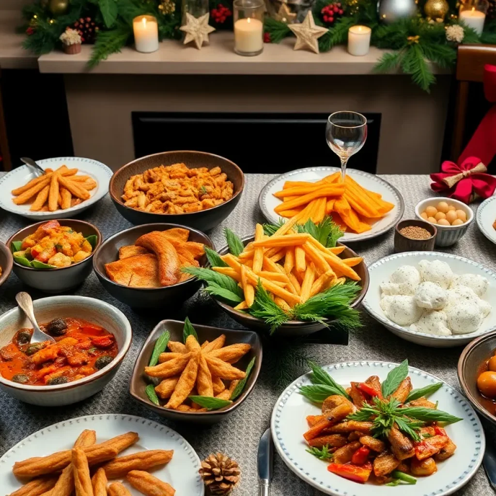 A dining table decorated for the holidays with an array of festive dishes.