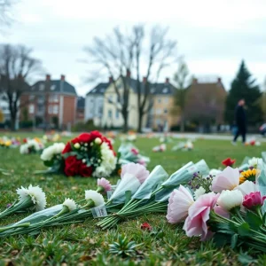 Memorial flowers at a park in Greenville for Seveion Sewell