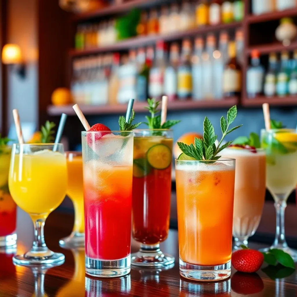 A selection of colorful mocktails displayed in a modern bar environment