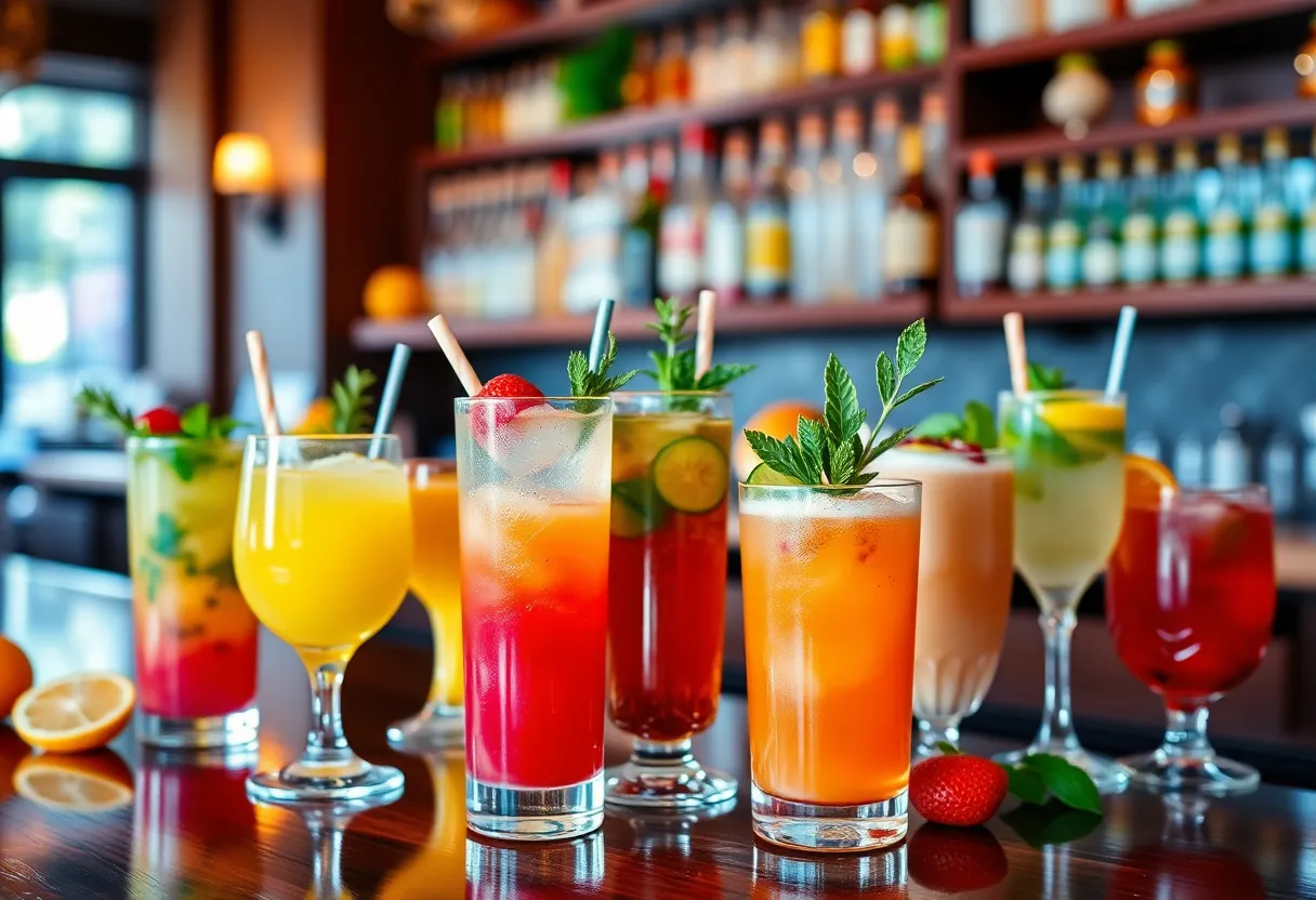 A selection of colorful mocktails displayed in a modern bar environment