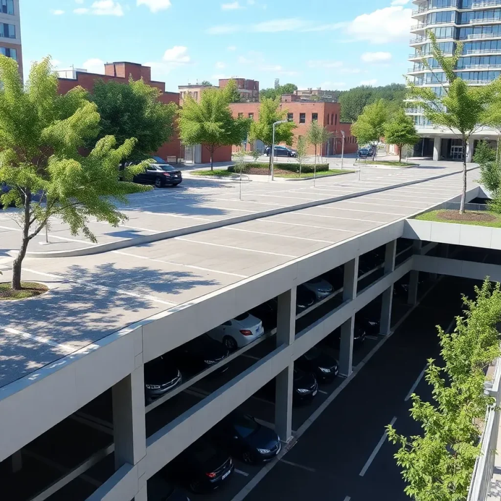 Public parking garage in Greenville with pedestrian walkways.