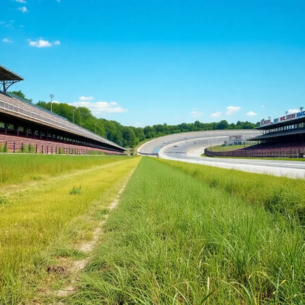 A view of the historic Greenville Pickens Speedway showing its grandstands and racetrack