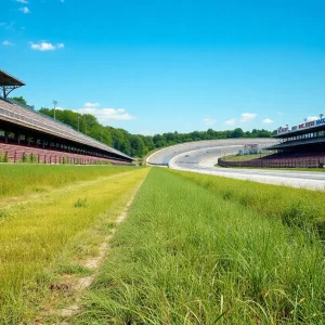 A view of the historic Greenville Pickens Speedway showing its grandstands and racetrack